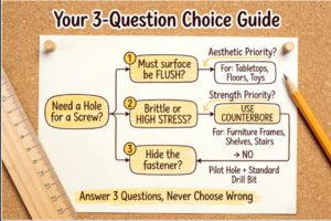 A hand-drawn, easy-to-follow flowchart pinned in a workshop asks three key questions: “Must surface be flush?”, “Brittle material or high stress?”, and “Hide the fastener?” to guide DIYers to the correct choice between a countersink and a counterbore hole.
