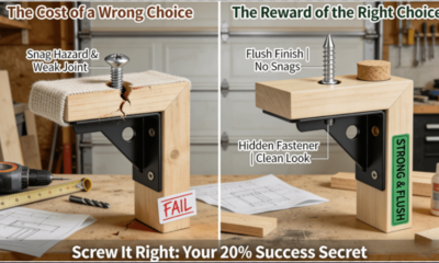 Side-by-side in a DIY workshop: a failed L-bracket with a protruding screw head snagging fabric and a cracked joint, versus a successful bracket with a perfectly flush screw and a plugged counterbore for a hidden fastener, visually contrasting the consequences of wrong and right hole choices.