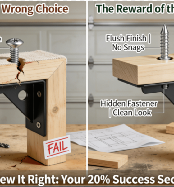 Side-by-side in a DIY workshop: a failed L-bracket with a protruding screw head snagging fabric and a cracked joint, versus a successful bracket with a perfectly flush screw and a plugged counterbore for a hidden fastener, visually contrasting the consequences of wrong and right hole choices.