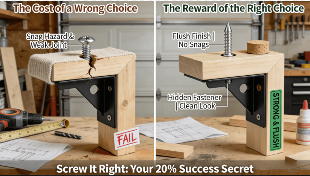 Side-by-side in a DIY workshop: a failed L-bracket with a protruding screw head snagging fabric and a cracked joint, versus a successful bracket with a perfectly flush screw and a plugged counterbore for a hidden fastener, visually contrasting the consequences of wrong and right hole choices.