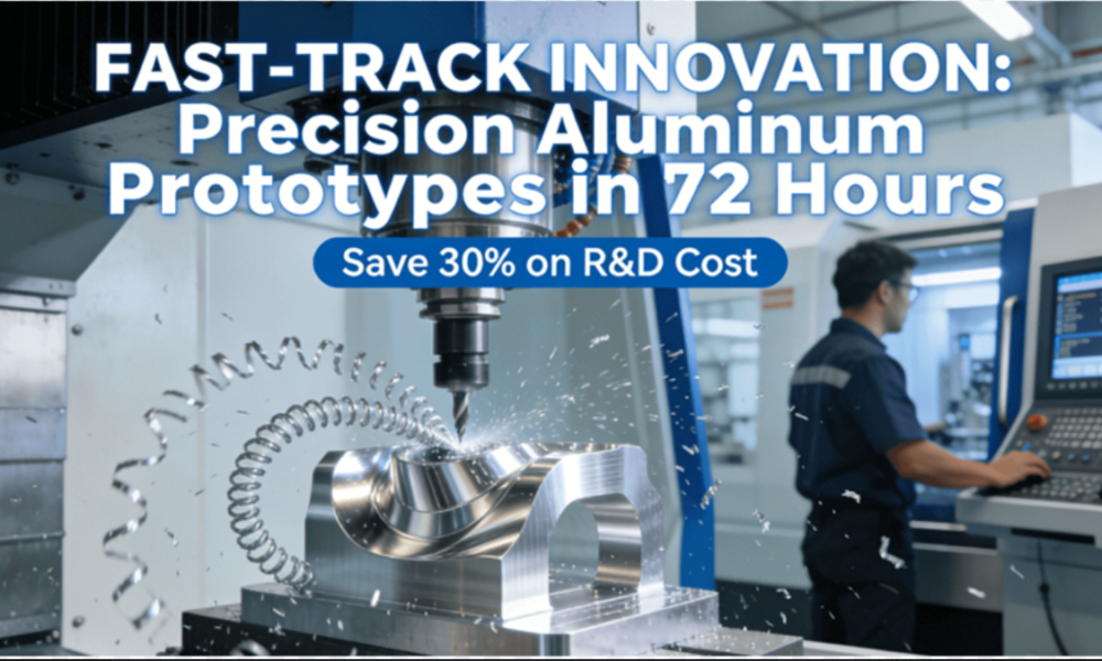 High-speed 5-axis CNC machine machining a complex aluminum prototype part in a modern, clean manufacturing facility, symbolizing rapid prototyping and cost efficiency.