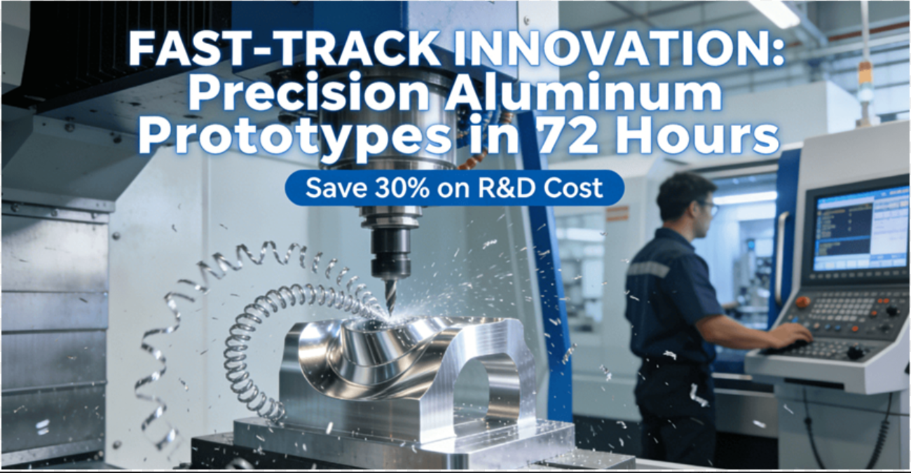High-speed 5-axis CNC machine machining a complex aluminum prototype part in a modern, clean manufacturing facility, symbolizing rapid prototyping and cost efficiency.